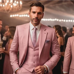 Ternos de casamento rosa de luxo para homens, lapela entalhado, single breasted, conjunto completo, jaqueta elegante, calças, colete, slim fit, personalizado, 3 peças