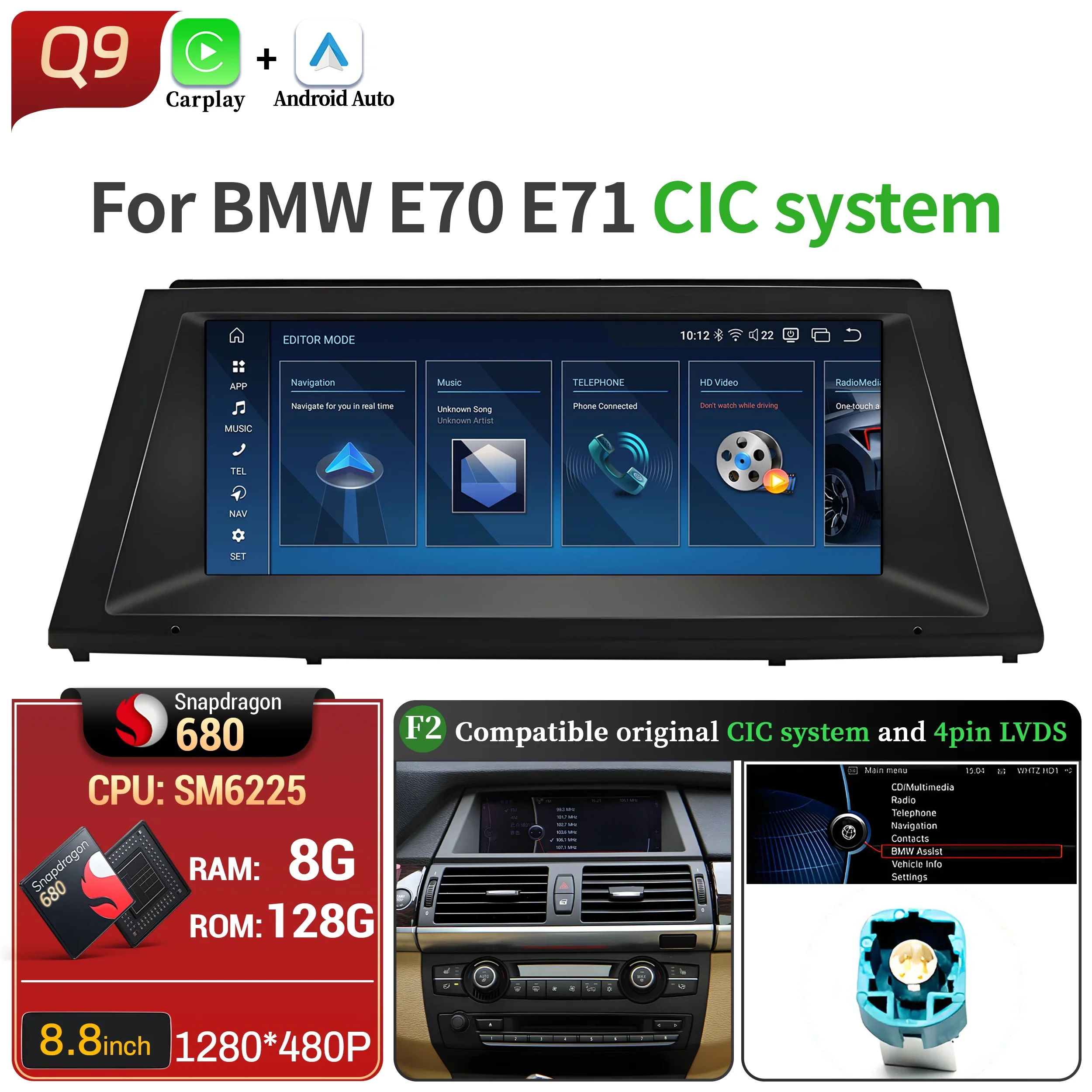 8.8 inch Android 13 Voor BMW X5 E70 X6 E71 E72 Autoradio GPS Draadloze BT Carplay Qualcomm Snapdragon 680 Head Unit Touchscreen - afbeelding 1