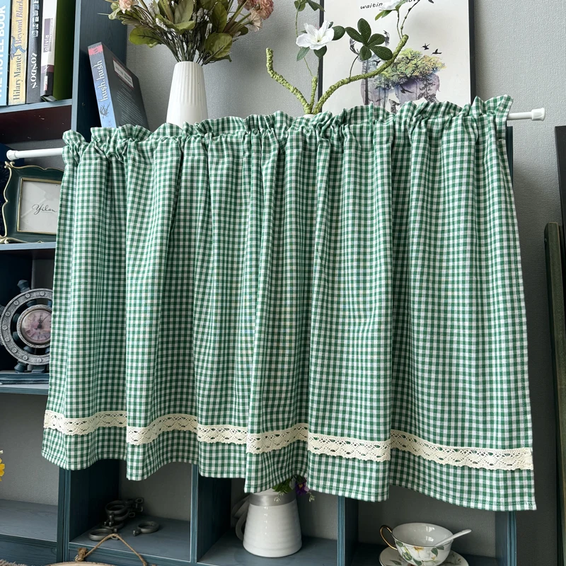Plaid Lace Trim Kitchen Short Curtains Rod Pocket Window Valance Farmhouse Cafe Curtain for Cabinet Sink Bedroom Home Decor image 2