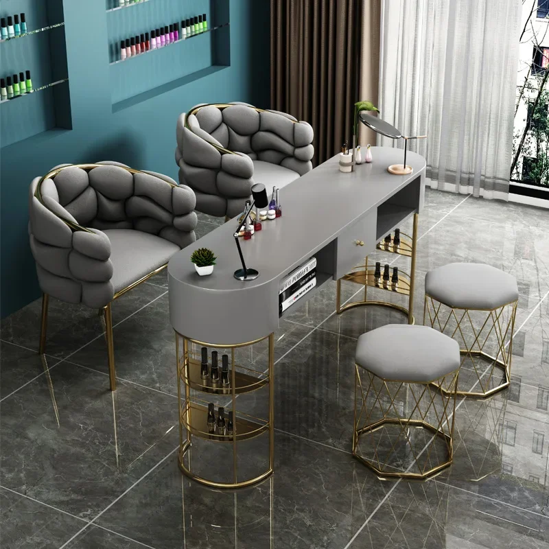 Luxury Nail Bar Salon Furniture Marble Table And Chairstables Leg Metal Gold Side Manicuretable Set