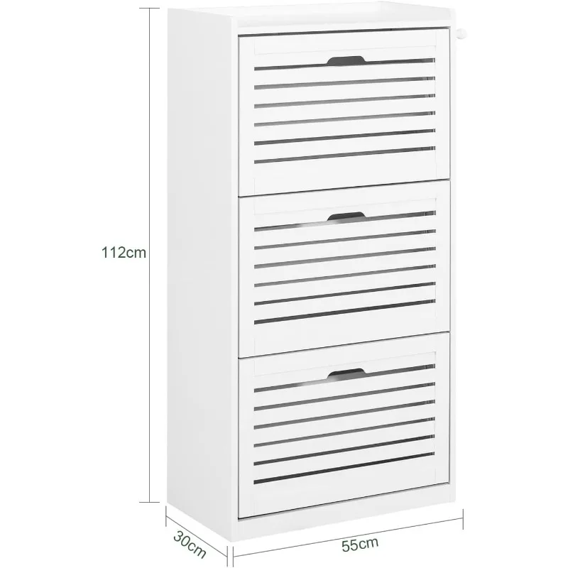 Shoe Cabinet with 3 Flip Drawers, Freestanding Shoe Rack with Hooks, Shoe Storage Cupboard Organizer Unit, White