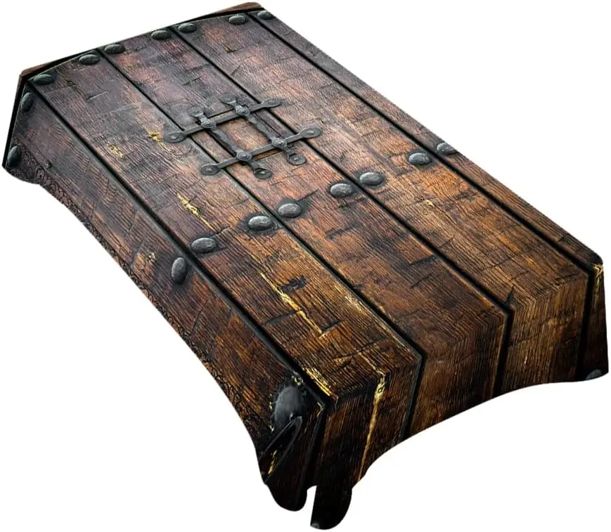 Medieval Ancient Wooden Door Tablecloth, Premium Architectural Gothic Metal Lock Table Cover for Vintage Kitchen Dining Room