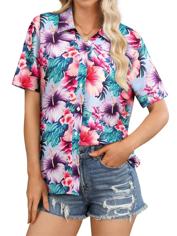 Лето 202, женские рубашки с короткими рукавами и тропическими свежими цветочными принтами, модные и повседневные летние каникулы