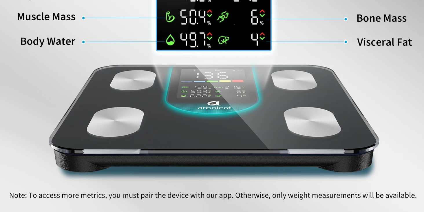 Arboleaf Smart Body Fat Scale, 4-Electrode BIA Digital Bathroom Weight Scale, 14 Body Metrics, 7-in-1 Display, APP Sync, 11×11 Inch