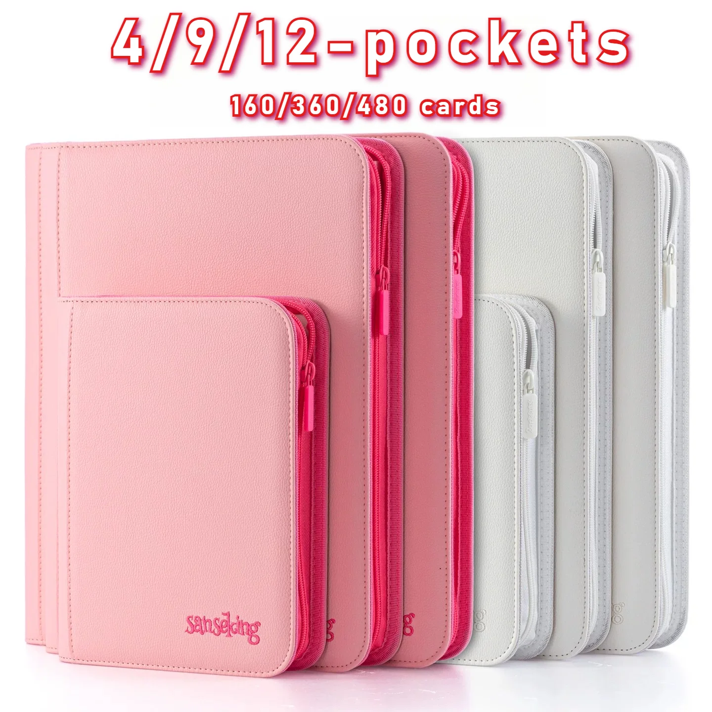 

Sanseking Zipper Card Binder Double-Sided 4/9/12 Pocket PU Leather for Pokemon Yu-Gi-Oh Card Album White Pink