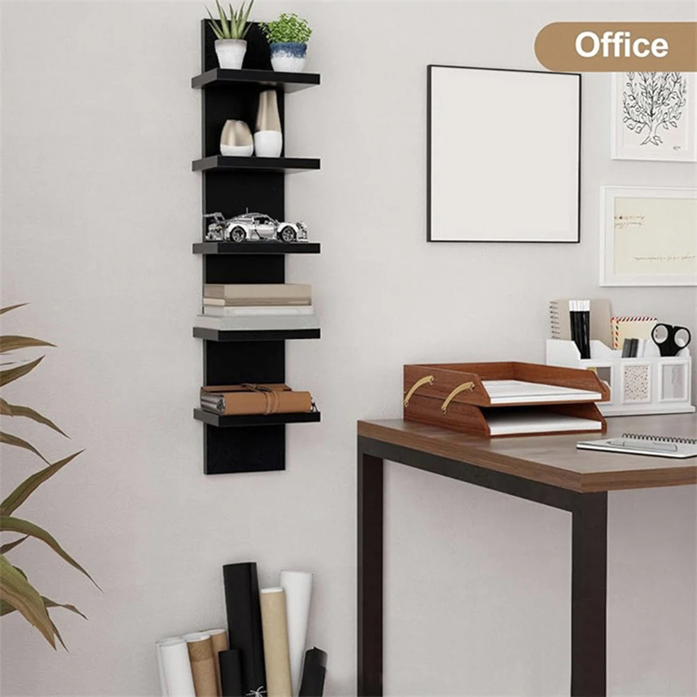 5 Tier Wall-Mounted Bookshelf PVC Floating Storage Rack Smooth-Pressboard Vertical Display Shelf for Living Room Bedroom Decor