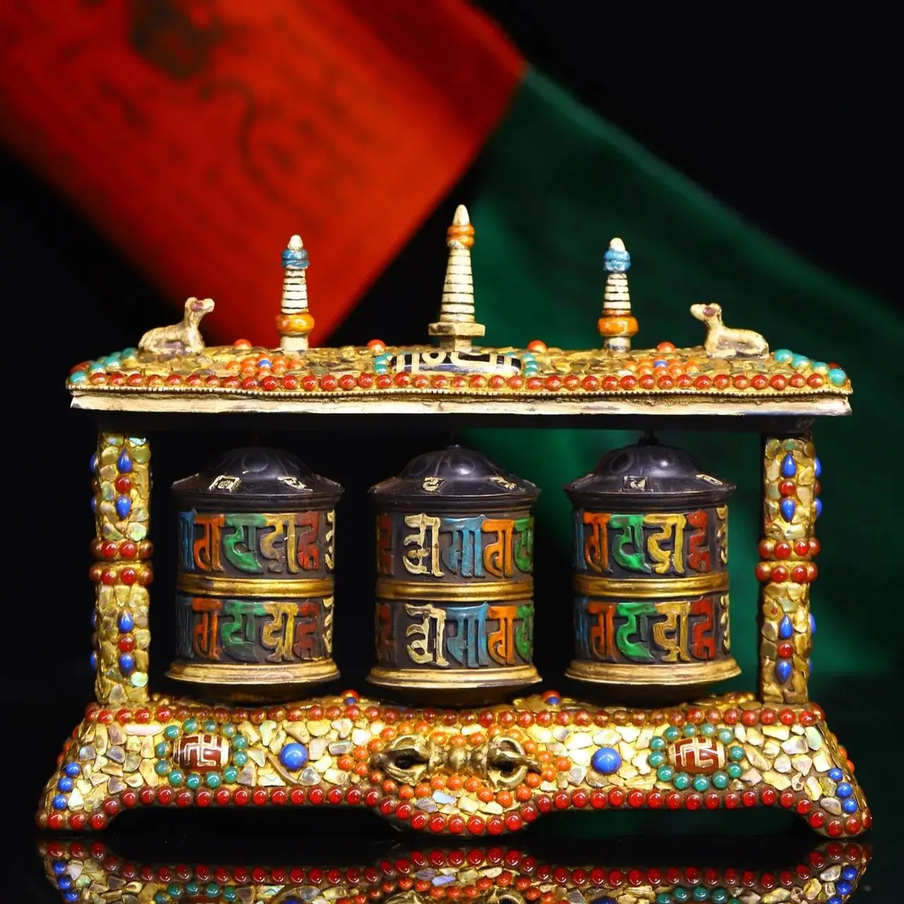 

6"Tibetan Temple Collection Old Bronze Painted Mosaic Gem gZi Beads Six Word Proverbs Three tubes Prayer Wheel Old Scriptures