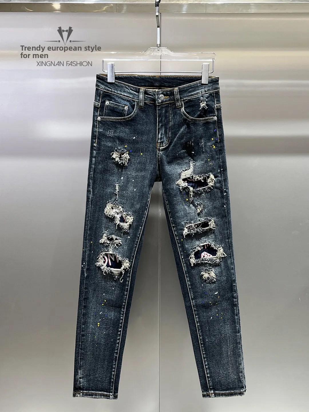 

Trendy American Sle Men's Skinny Jeans Winter Casual Cotton Denim Pants with Ripped Details Youth ular Straight Leg Fit
