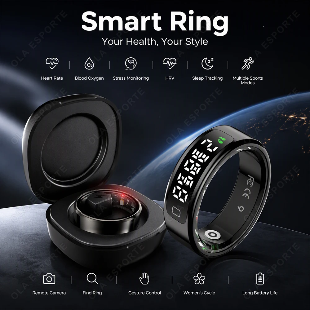 Smart Ring Health Tracker Blood Oxygen - Smart Ring mit Ladeetui, Muslimischer Zeit-