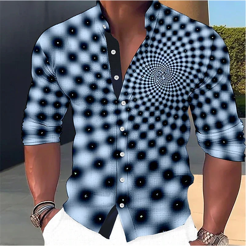 Camisa gráfica de ilusão óptica masculina, gola alta, manga longa, roupa estampada, moda de rua, roupas de grife, tops casuais