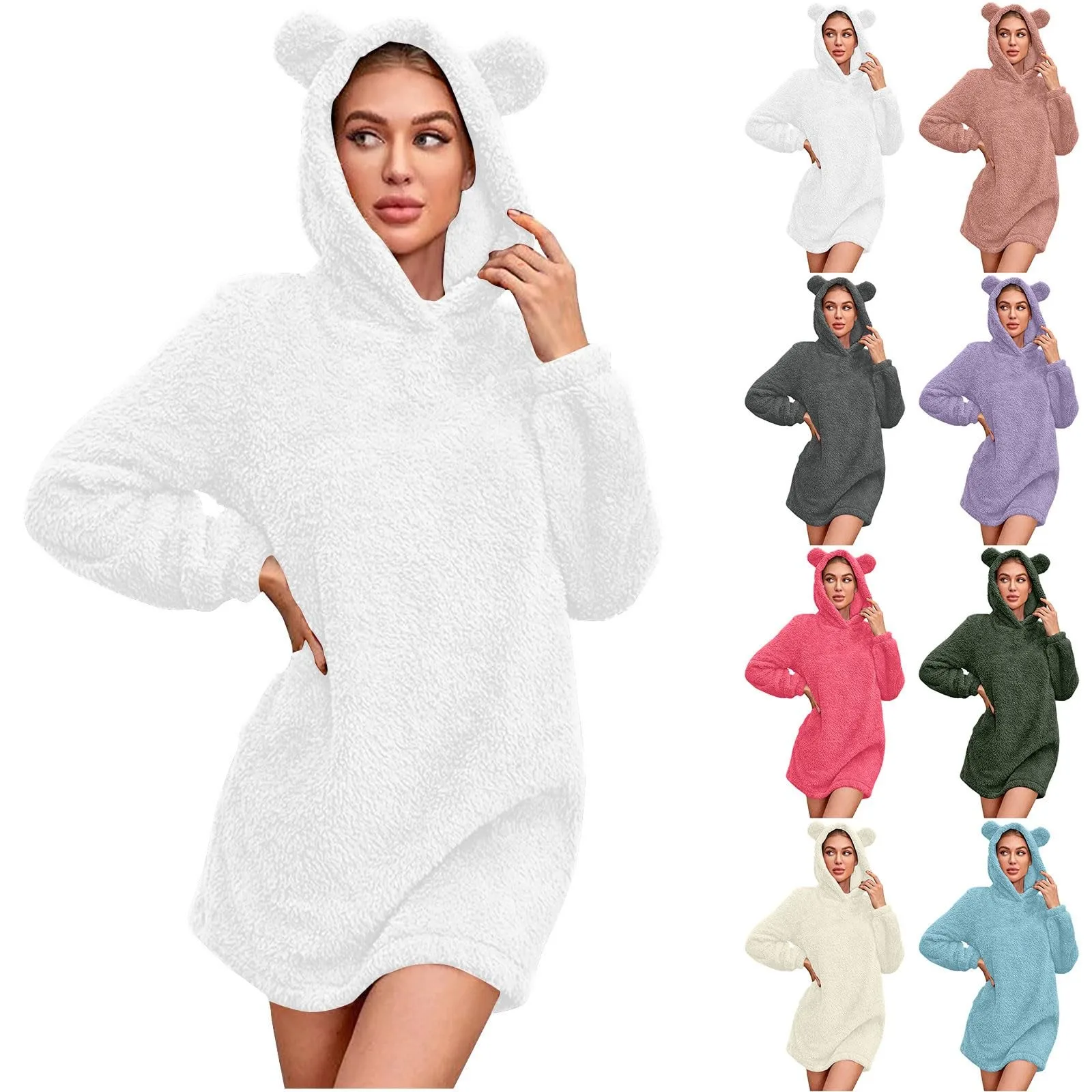 Autumn Women Pajamas Casual Winter Long Sleeve Dresses Pijama Women Keep Warm Fuzzy Fleece Bear Ears Hoodie Home Sleepwear