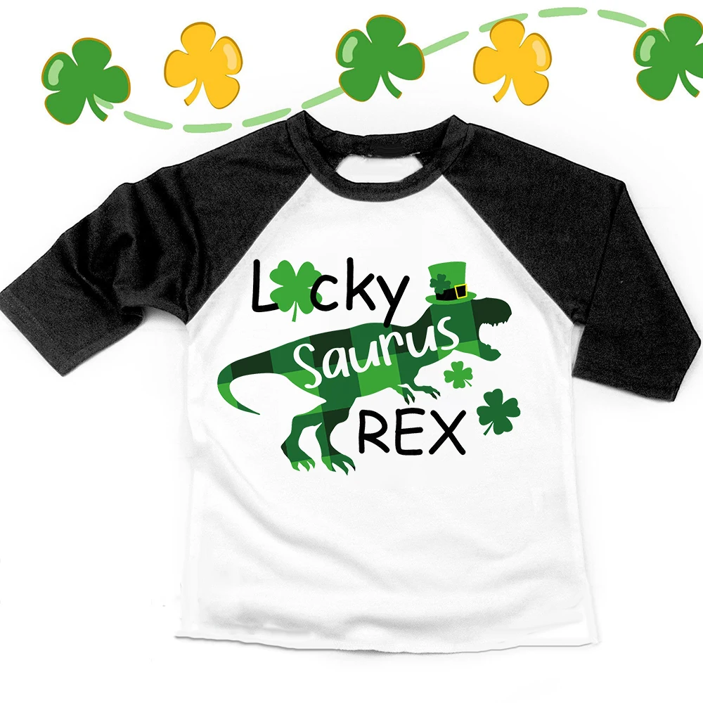 Dinosaur St Patrick's Day Shirt Kids Lucky Raglan T-shirt Luckiest Boys Girls  Long Sleeve Tee  Child Holiday Party Clothes Tops