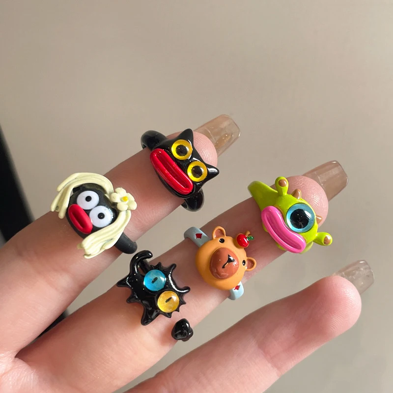 Kiss Jewelry New Ugly Cartoon Monster Finger Rings for Women Girls Kids Opening Cute Funny Animal Cat Ring Jewelry Party Gift