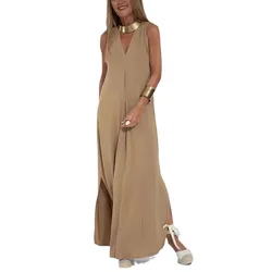 2024 Summer Dresses For Women V Neck Sleeveless Solid Color Casual Long Dress Boho Beach Holdiay Robe