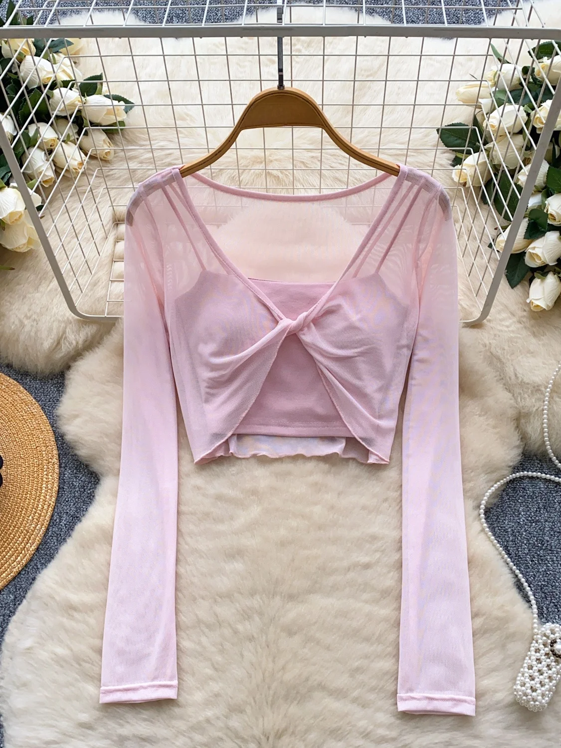 

Pure Desire Summer Outfit Sweet Spicy Girl with Chest Pad Slim Fit Strap Vest Outer Thin Knot Long Sleeve Mesh Top