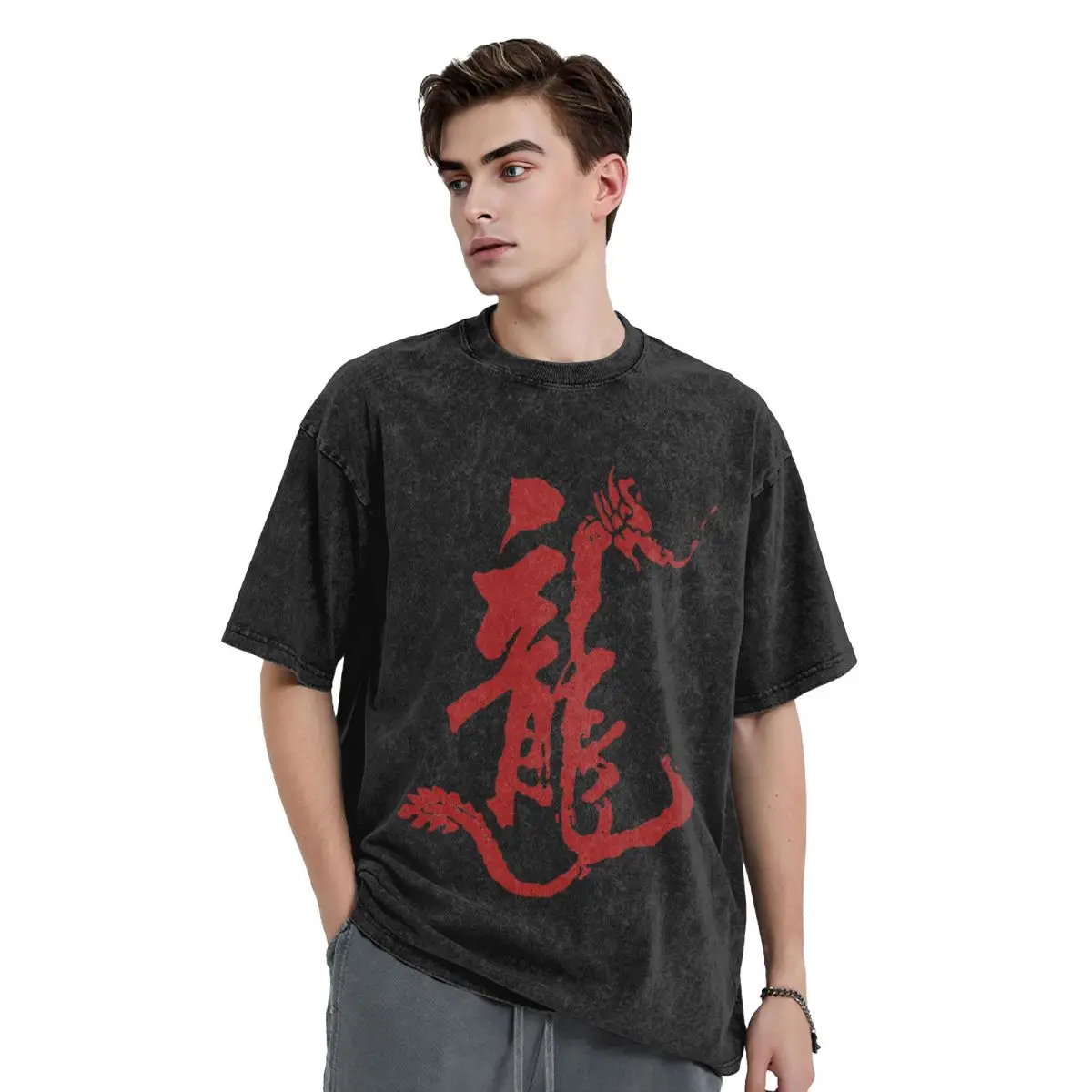 Chinese Loong Dragon woman Men Washed Hot stamping Print T-Shirt,Harajuku Cotton Tshirt Men's Summer Short Sleeve Tees