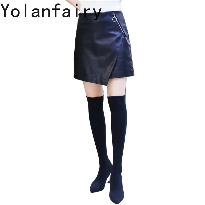 YOLANFAIRY Real Sheepskin Mini Skirts Woman Autumn New High Waist Black Skirt Zipper Fashion Real Leather Skirt Women Streetwear