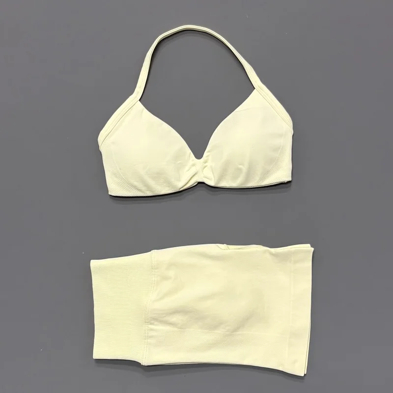 2 Piece Sports Gym Set Strappy Bra Yoga Underwear Short Sport Leggings Bicycle Running Sportswear Woman Seamless Yoga Set image 3