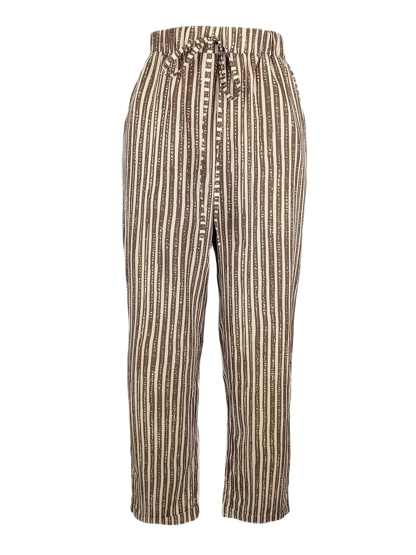 Women Fashion Elastic Waist Long Trousers Pockets Casual Striped Printed Loose Female Elegant All-Match Straight Pants New