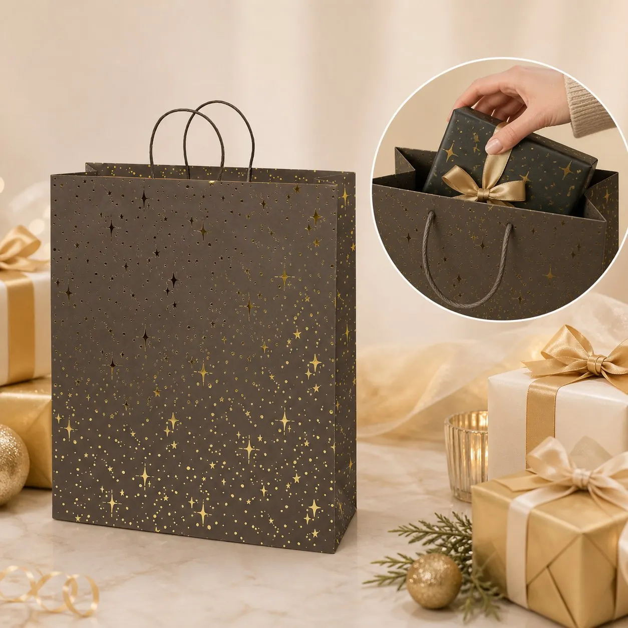 Bolsa de Regalo XL con Estrellas Impresas en Papel Metalizado Negro/Dorado: Bolsa de Papel Grande para Todas las Ocasiones, 19.25" x 16" x 6"