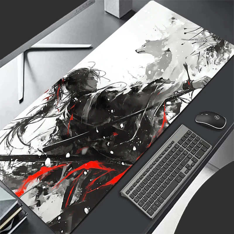 Moon Samurai Wolf Mouse Pad PC Cool Red Anime Boy Keyboard Rug Gamer Cabinet Mousepad Laptop Black And White Extended Desk Mat