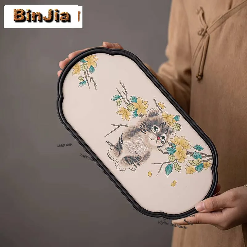 Chinese Style Water Absorption Tea Tray Creative Osmanthus Cat Teapot Mat Antique Tea Board Dishes For Serving Tea Ceremony Gift