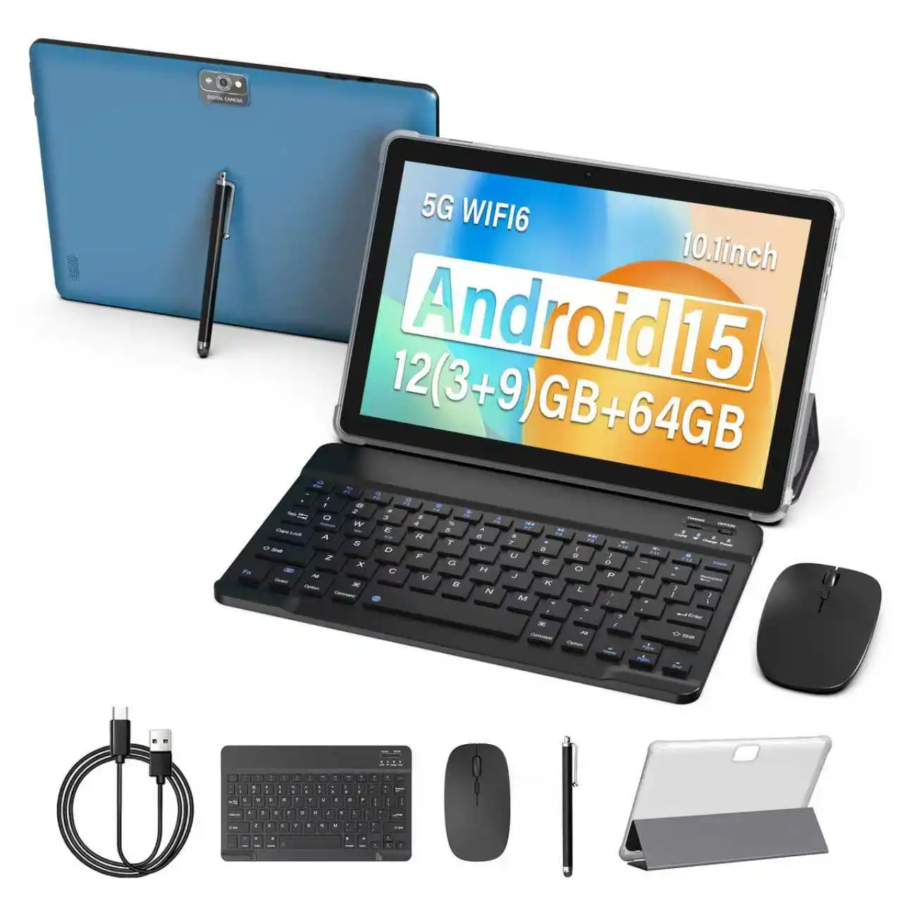 

BAKEN Android 15 tablet, 12 (3+9)GB + 64GB storage, quad-core processor, Wi-Fi 6, Bluetooth, USB-C, Google Play Store,