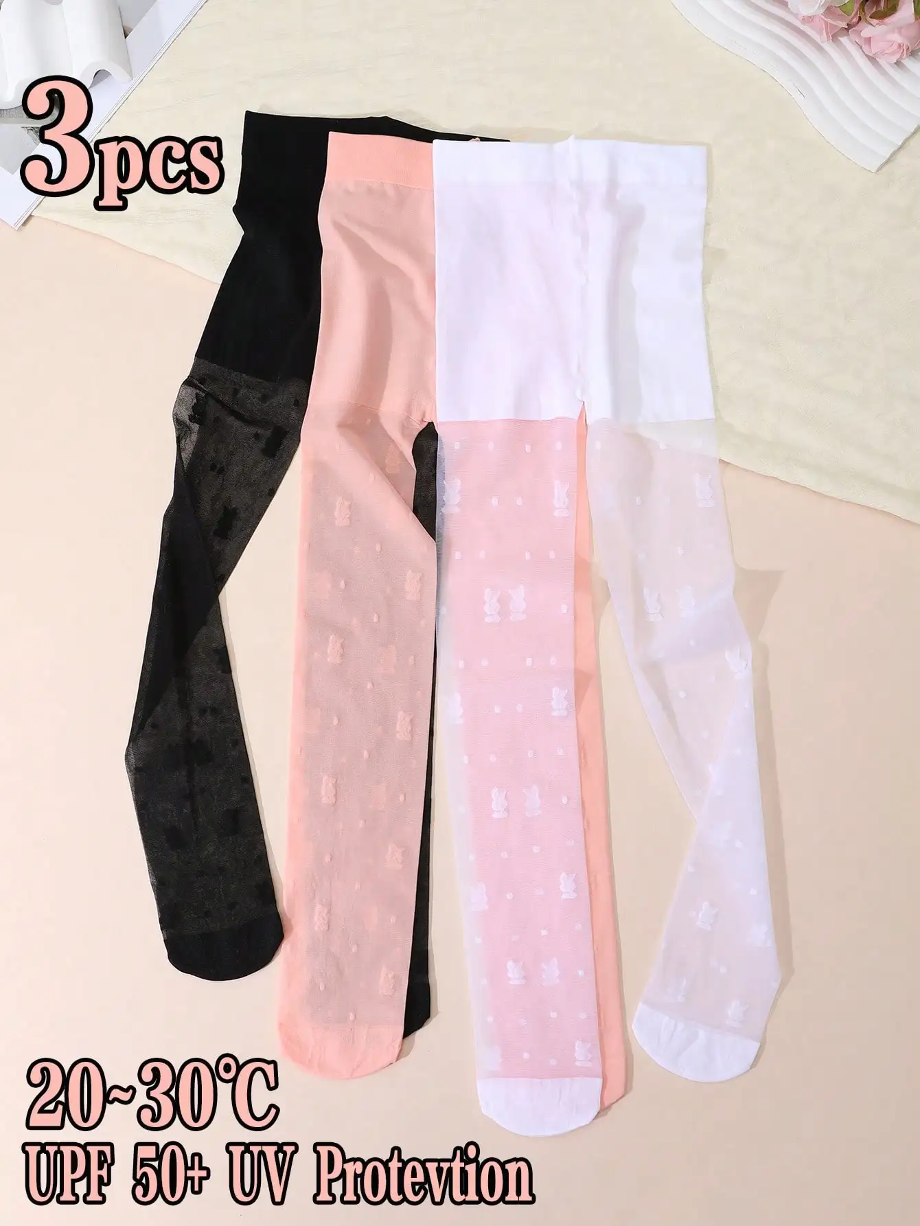 3Pack Toddler Girls Rabbit Print Tights 0-14Y UPF50 Sun Protection Sheer Elastic Kids Pantyhose For Summer Dress & Daily Wear