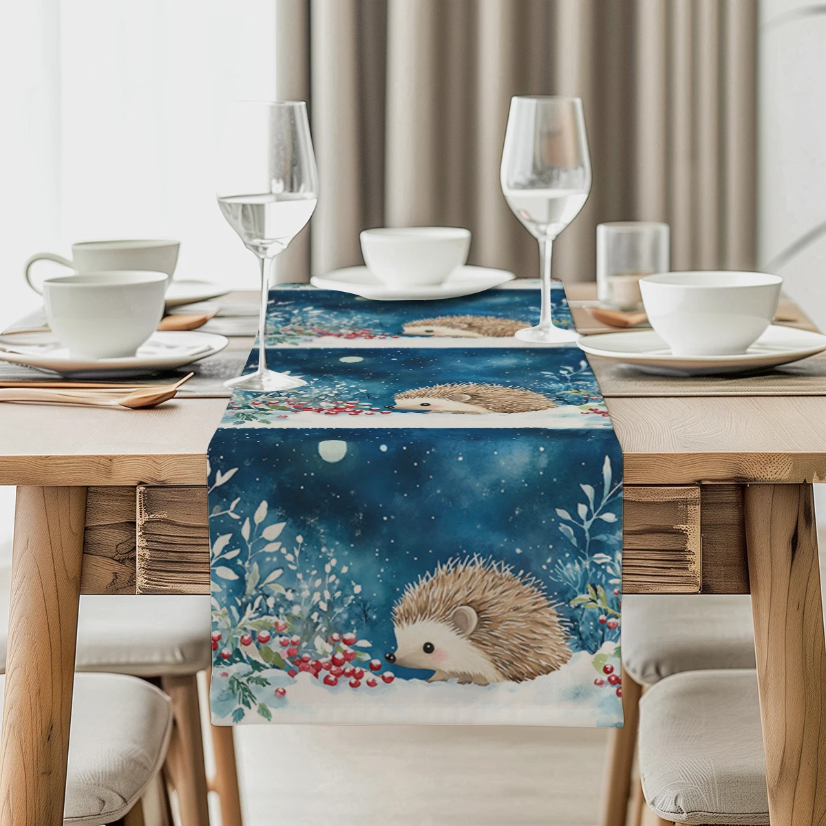 Cartoon Watercolor Hedgehog Christmas Table Runner Home Wedding Centerpieces Decoration Party Table Runners Dining Long Cloth