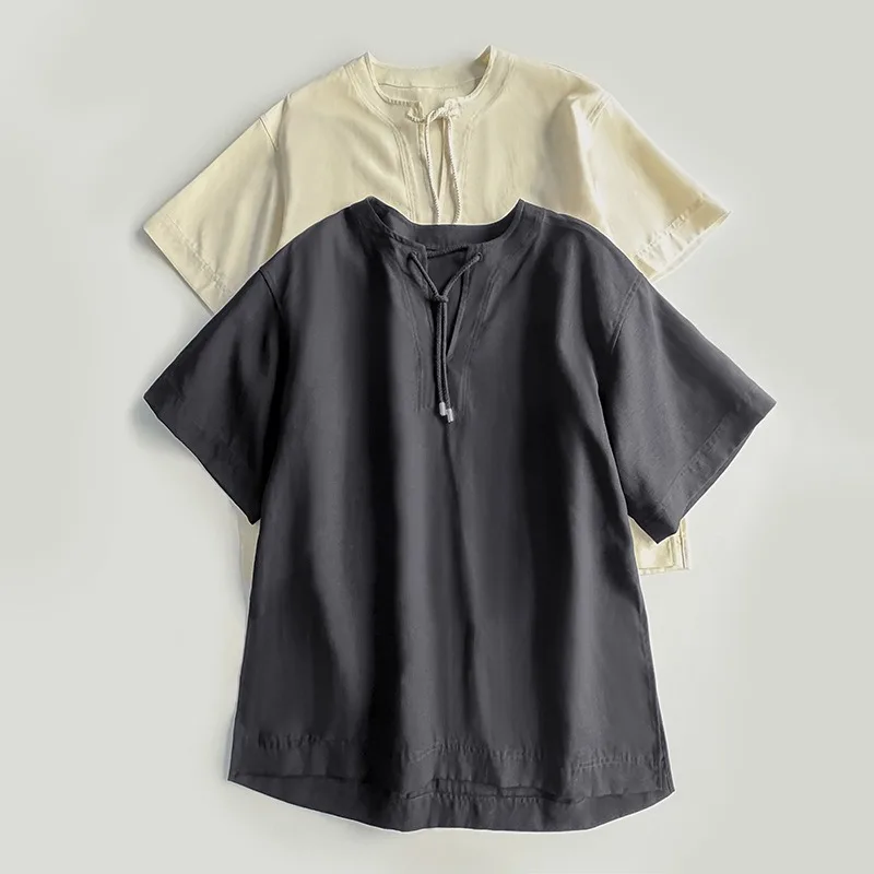 

Linen Lycra Blending Staple Weave Series Swedish Niche V-Neck Tie Slit Loose Short Sleeve Top Women