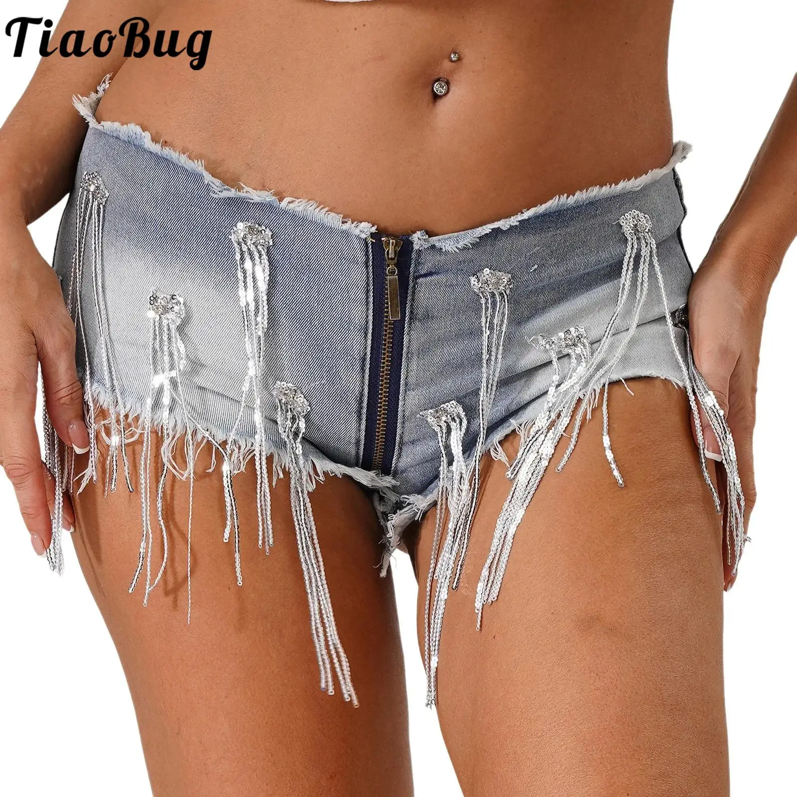 

Women Fashion Denim Low Waist Shorts with Sequin Tassels And Front Zipper Two Back Pockets for Music Festival Street Date Shorts