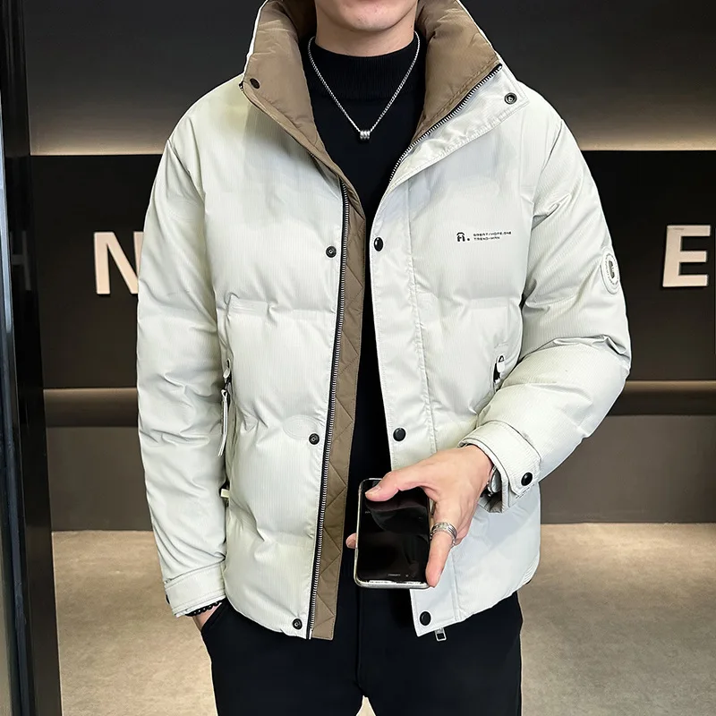 Men's White Duck Down Jacket Fall Winter Fashion Male Outwarer Stand Up Stand Up Thick Warm Color Blocked Short Down Jacket