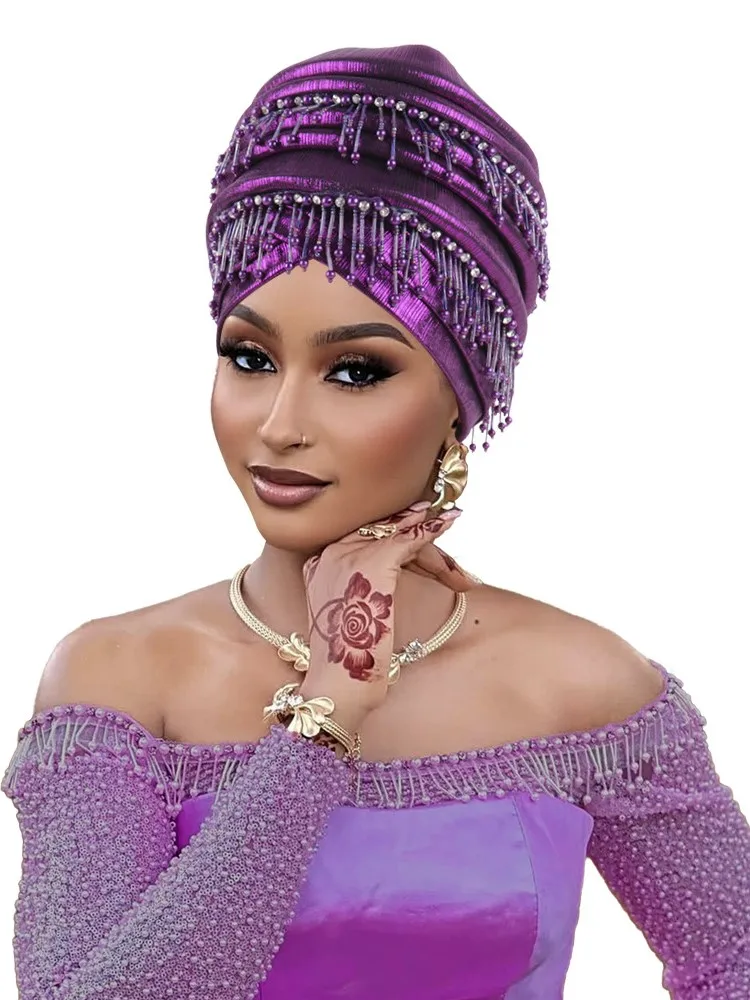 بريق كامل الجسم مطوي قبعة عمامة للنساء 2025 سيدة أشرطة رأس حجاب إسلامي قبعة Turbante Mujer غطاء الرأس الأفريقي
