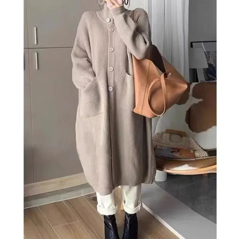 Women Long Sleeved Knitted Cardigan Solid Casual Single-breasted High Neck Double Pockets Knitwear Coat Winter Long Sweater