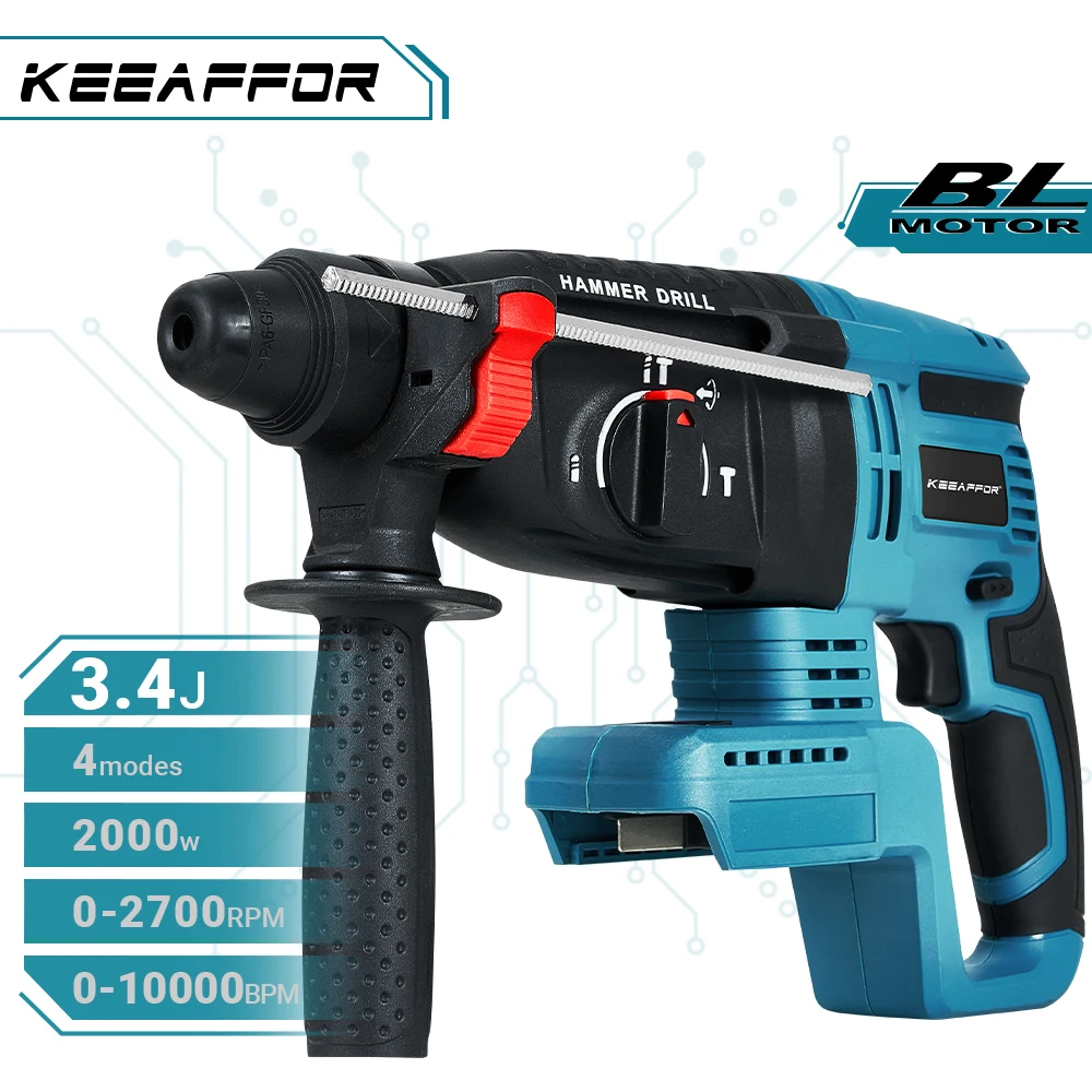 KEEAFFOR Multifunctional Brushless Electric Hammer Cordless Rotary Hammer Drill Industrial Impact Drill For Makita 18V Battery