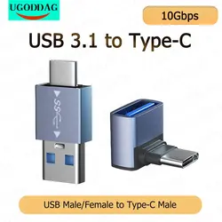 USB 3.1 to Type-C OTG Adapter 90 Degree Elbow Fast Charging Charger Converter USB3.1 to USBC Data Adapter 10Gbps for Macbook Pro