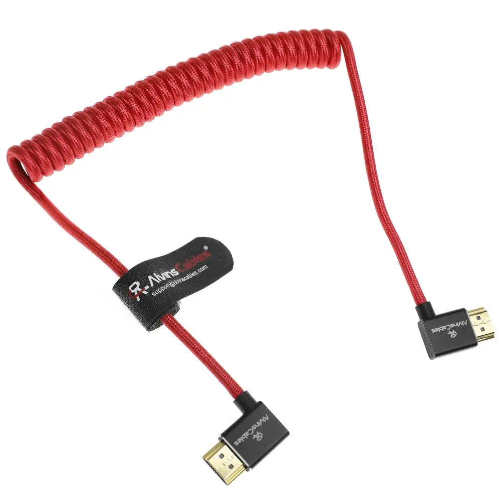 Kabel Alvin's Cables 8K HDMI 2.1, kabel 8K 60Hz 4K 120Hz High-Speed do monitora Atomos Ninja, kabel spiralny w oplocie, kątowy z lewego na prawy. — zdjęcie produktu 4