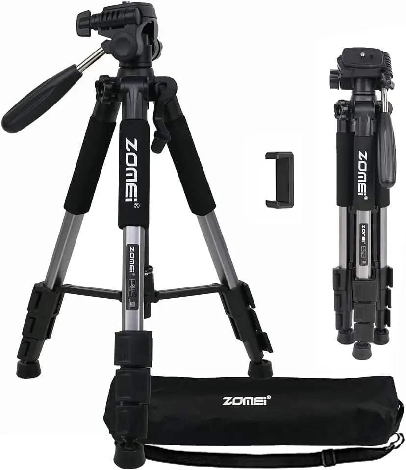 

Camera Tripod, Q111 55-inch Smartphone Tripod Flexible Aluminum Travel Tripod with 3-Way Pan Head and Phone Holder, f