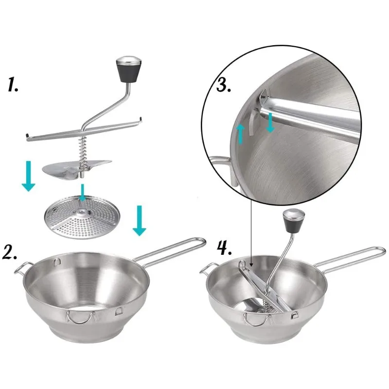 Stainless Steel Food Mills with 3 Milling Discs Ergonomic Design of Rotary Food Mills for Tomato Sauce Potatoes Jams