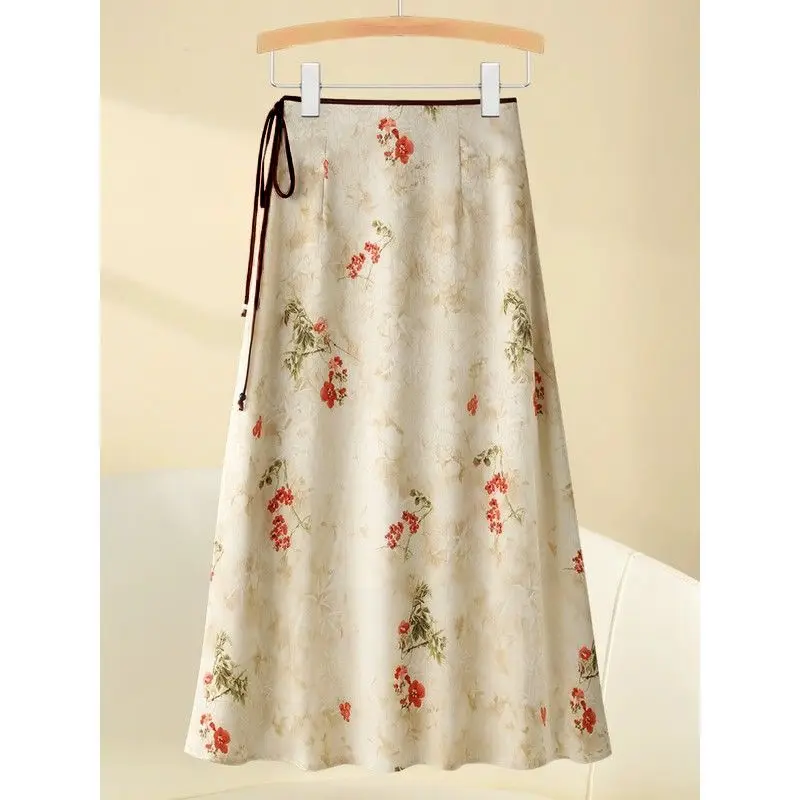 

Satin Midi Skirt Women Summer New Chinese Style Floral Print A Line Dress Elegant High Waist Flowy Pleated Skirt Y2K Fashion