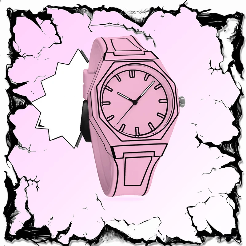 A Women's Pink Tape Luminous Design Anime Cartoon Line Style Japanese Versatile Trend Cool Quartz Wristwatch