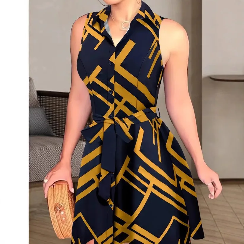 New Women's Printed Sleeveless Lace-Up Dress Shirt Skirt