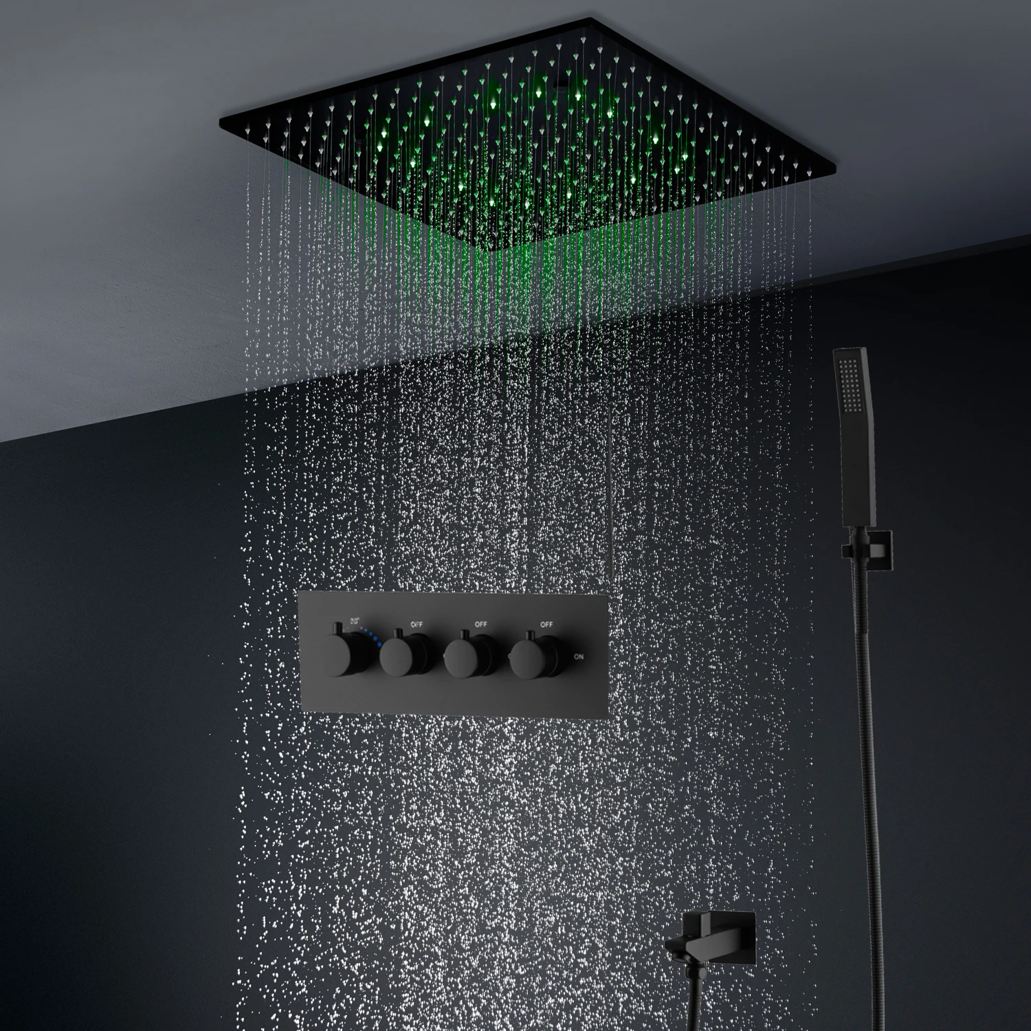 20'' Shower Set Ceiling Mounted LED Rain and Mist Shower Head Thermostatic 3 Ways Valve Black Surface