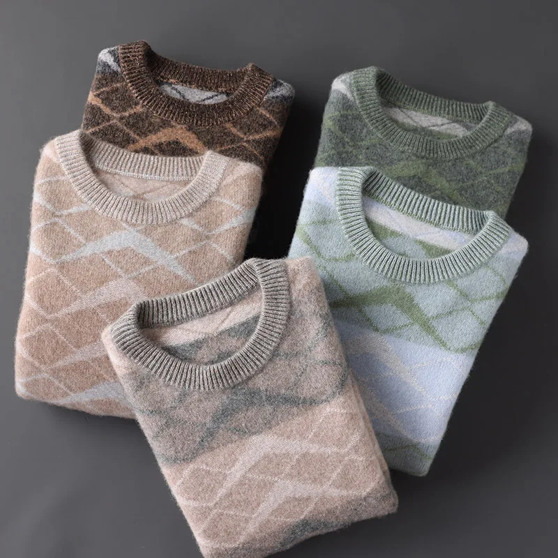 Maglione da uomo in lana merino al 100% con onde d'acqua, maglione con scollo a O, pullover ispessente, autunno inverno, maglione a maniche lunghe, top in maglia di cashmere