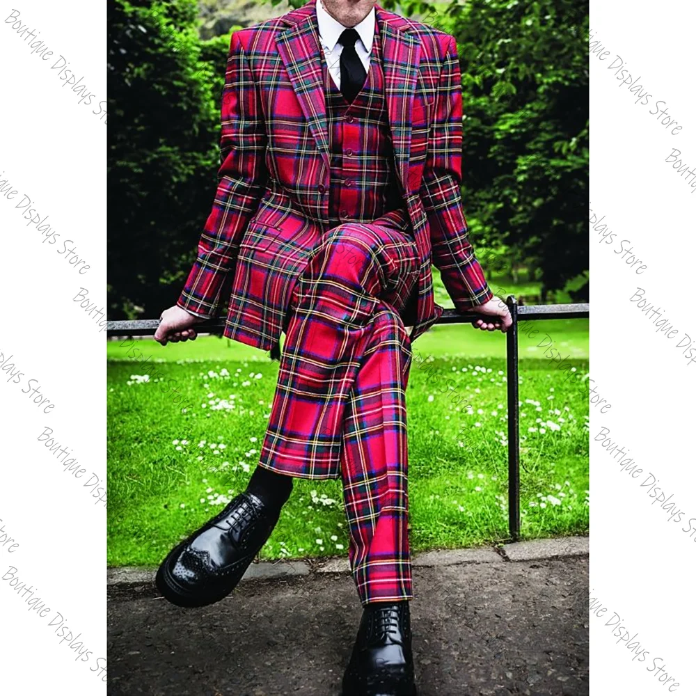 

Chic Red Grid Men Suit Single-breasted Peak Lapel 3 Pieces(Jacket+Pants+Vest) Male Formal Wedding Party Set