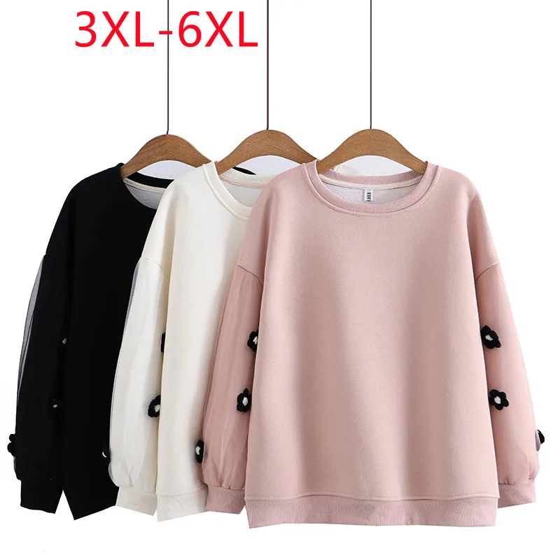 

New 2022 Ladies Autumn Winter Plus Size Tops For Women Large Size O-neck Long Sleeve Flower Pink Coat 3XL 4XL 5XL 6XL