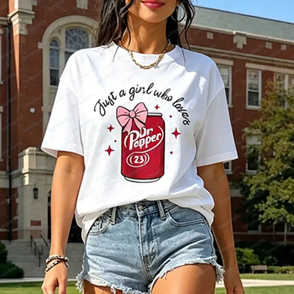 Just A Girl Who Loves Dr Pepper Tops Tee Cute Maroon Soda Can with Pink Bow Clipart Shirt Retro Dr Pepper Drink Lovers Women Tee