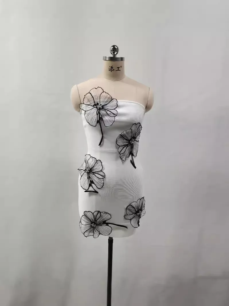 High Quality Women Sexy Strapless Black Florals Bodycon Mini Bandage Dress Fashion Celebrate Elegant Evening Party Dress Outfit