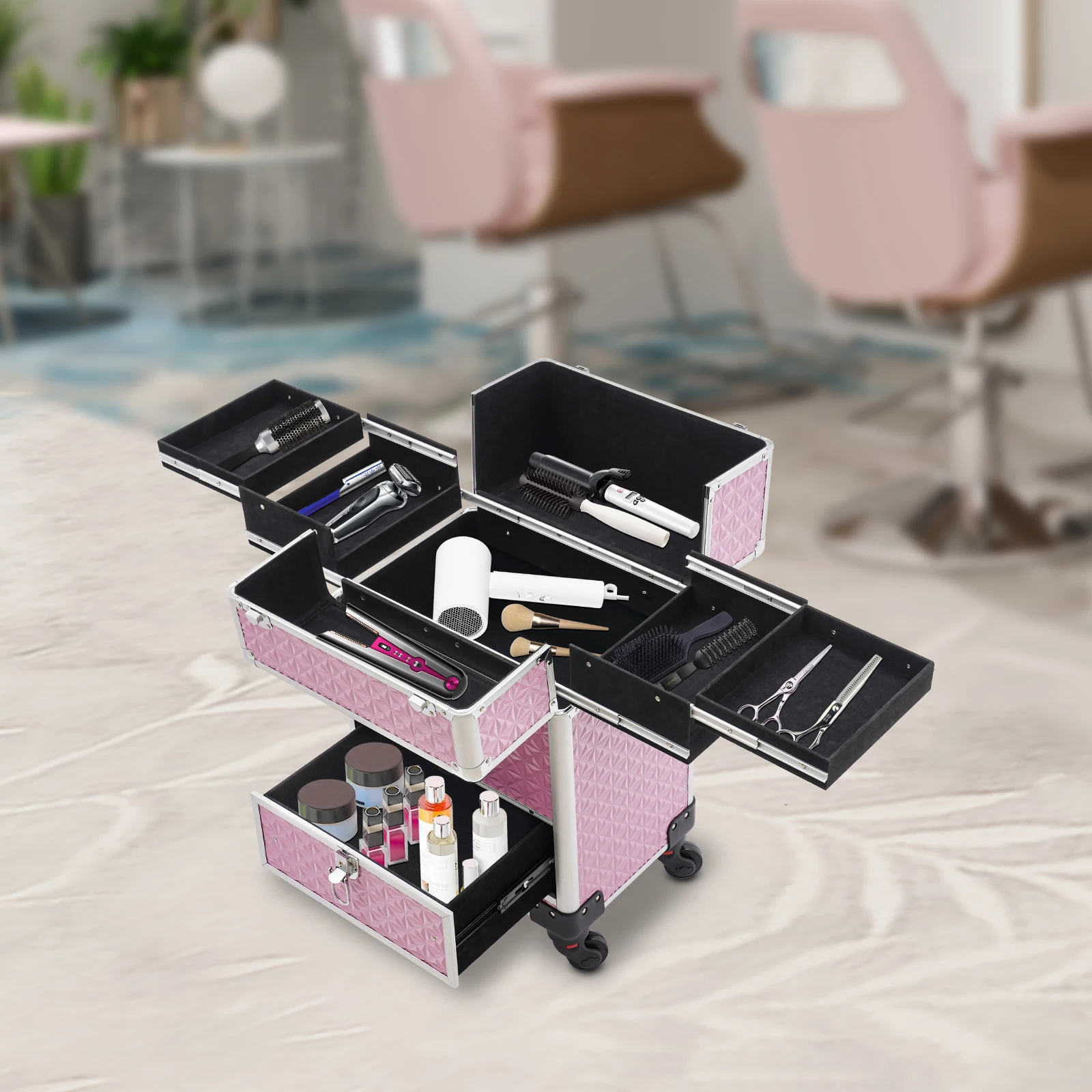 

Rolling Makeup Train Box Makeup Makeup Beauty Nail Salon Hairdressing Storage Box - Pink