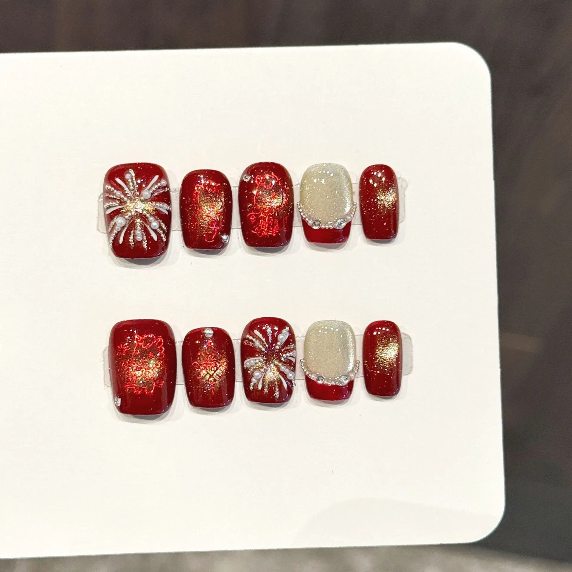 10PCS Luxury Handmade Press On Nails New Year Fireworks Glitter Festive Chinese Style Nail Art With 4-PIECE Tool Adhesive Nail
